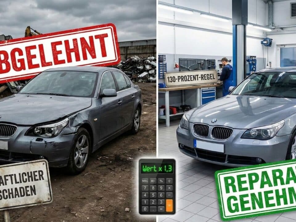 Split-Screen zur 130-Prozent-Regel: Links ein Unfallwagen als 'Wirtschaftlicher Totalschaden' (abgelehnt), rechts das erfolgreich reparierte Auto in der Werkstatt (genehmigt). In der Mitte die Formel 'Wert x 1,3'.