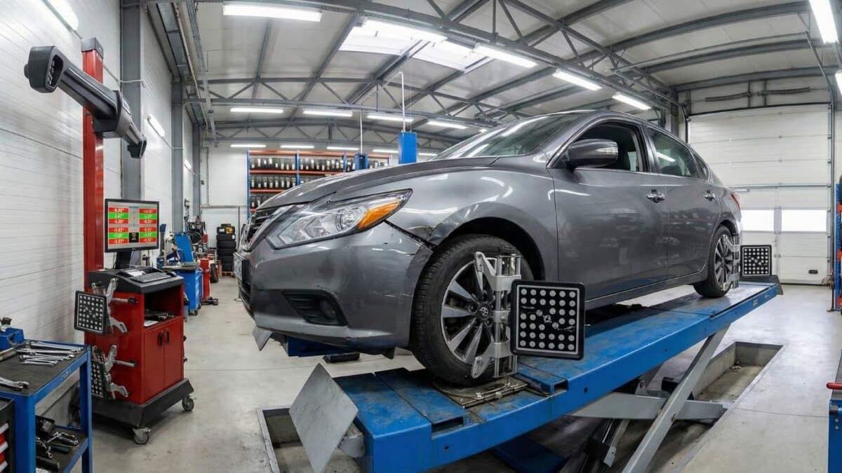 PKW mit sichtbarem Unfallschaden am Kotflügel auf einer Hebebühne während der 3D-Achsvermessung mit angebrachten Messreflektoren.