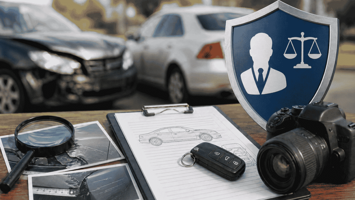 Kfz-Gutachten nach Unfall: Symbolbild mit beschädigten Autos im Hintergrund sowie Unterlagen und Werkzeug zur Schadensbewertung im Vordergrund – Frage, ob man den Gutachter der Versicherung akzeptieren muss. Hinweis: Dieses Bild wurde mit ChatGPT erstellt.